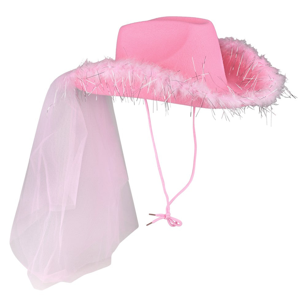 Pink Cowgirl Veil Hat With Feathers
