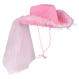 Pink Cowgirl Veil Hat With Feathers