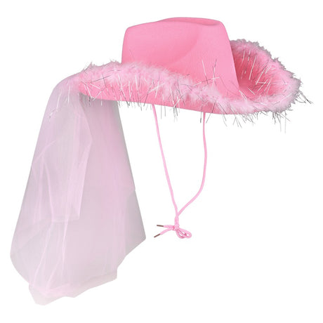 Pink Cowgirl Veil Hat With Feathers