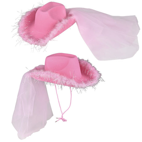 Pink Cowgirl Veil Hat With Feathers