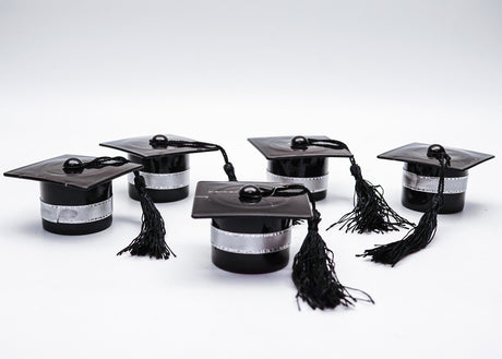 Black Fillable Graduation Party Hat Cake Topper Favor with Silver Ribbon - Pack of 12
