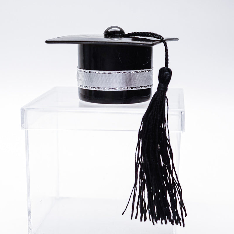 Black Fillable Graduation Party Hat Cake Topper Favor with Silver Ribbon - Pack of 12