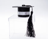 Black Fillable Graduation Party Hat Cake Topper Favor with Silver Ribbon - Pack of 12