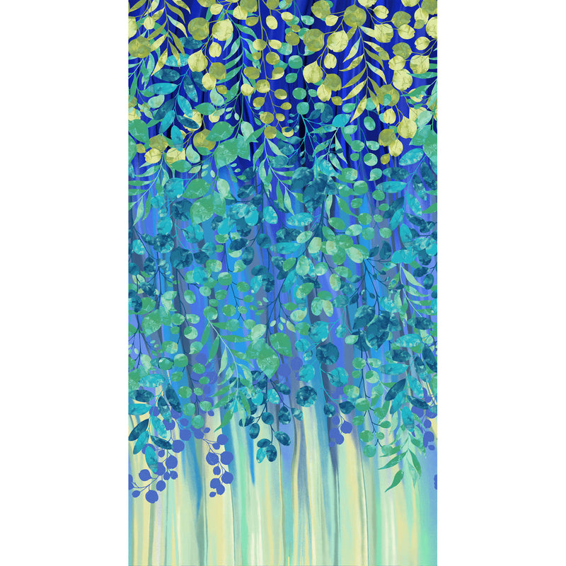 Cotton Print Peacock Waterfall Leaves Blissful Blooms Fabric 43/44"