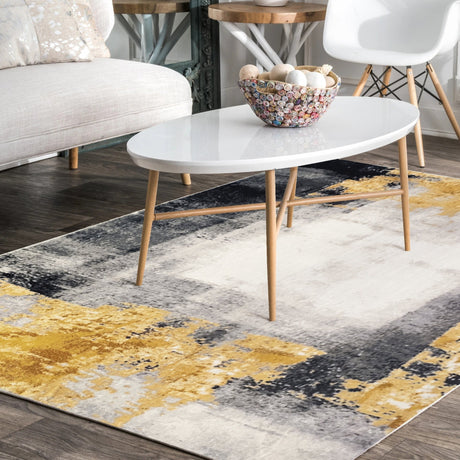 Soft Yellow Abstract Faux Fur Rug - Fluffy Print Design, 5' X 8' (1 Piece)