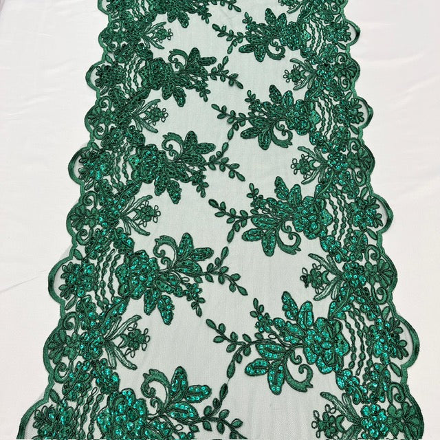 Hunter Green Sequin Lace Fabric With Embroideries On Mesh VT-18 - Hunter Green, Sequin Lace, Embroidered Mesh, 52" Width