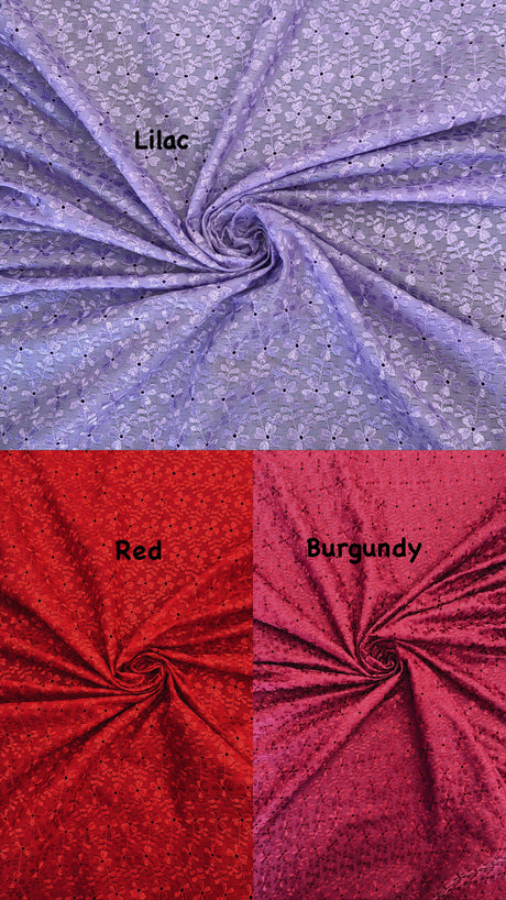 Heavy Eyelet Burgundy Polyester Cotton Fabric - Burgundy Floral Eyelet, 41"- 42" Width