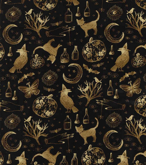 Quilting Cotton Halloween Icons Gold Metallic 100% Cotton