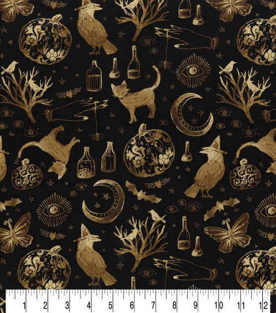 Quilting Cotton Halloween Icons Gold Metallic 100% Cotton