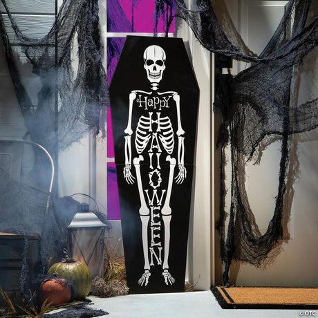 Skeleton Porch Sign Halloween Decoration with Hanging Hardware, hangs on a porch or door for spooky Halloween display