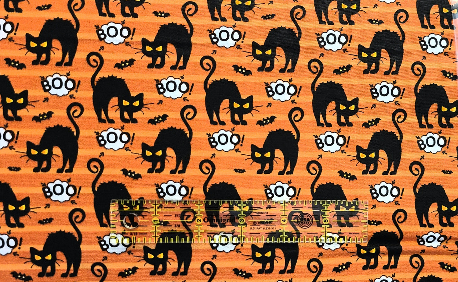 Quilting Cotton Angry Cat on Orange Halloween Fabric