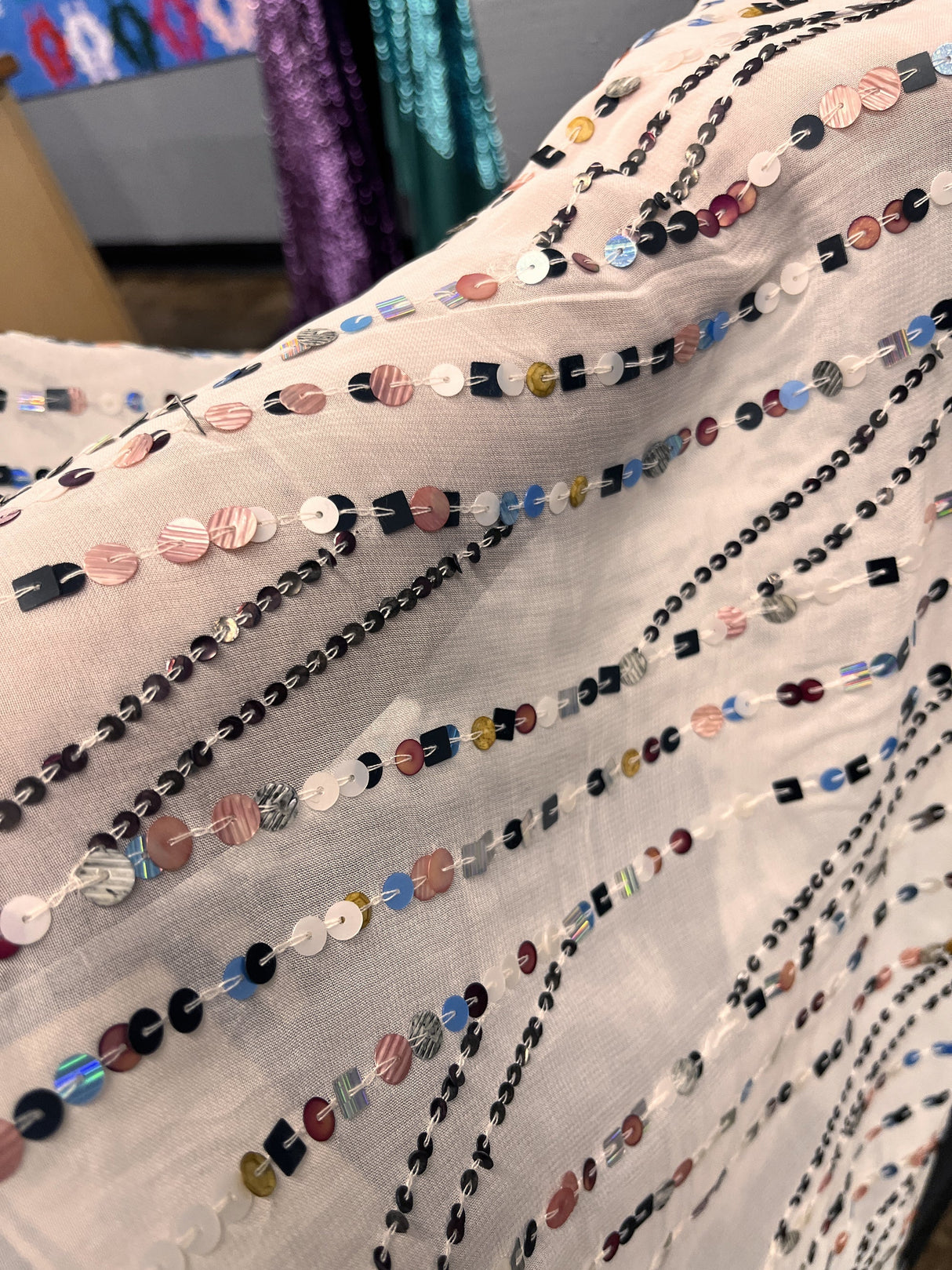 Sequined Chiffon Fabric White 48" Wide