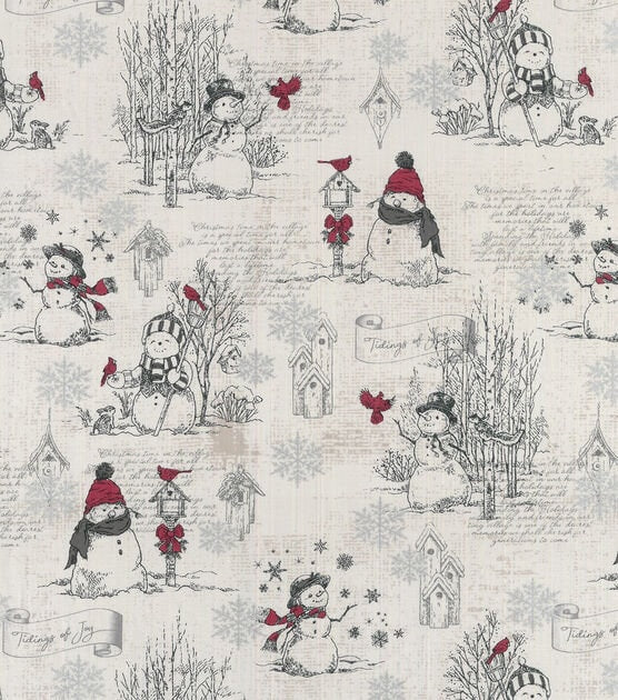 Quilting Cotton Happy Snowman Cream Metallic Christmas Fabric