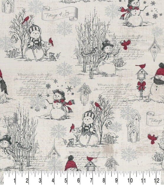Quilting Cotton Happy Snowman Cream Metallic Christmas Fabric