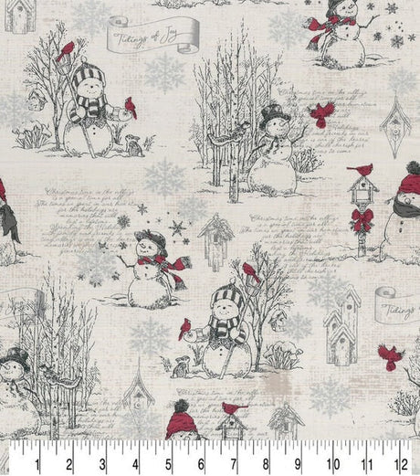 Quilting Cotton Happy Snowman Cream Metallic Christmas Fabric
