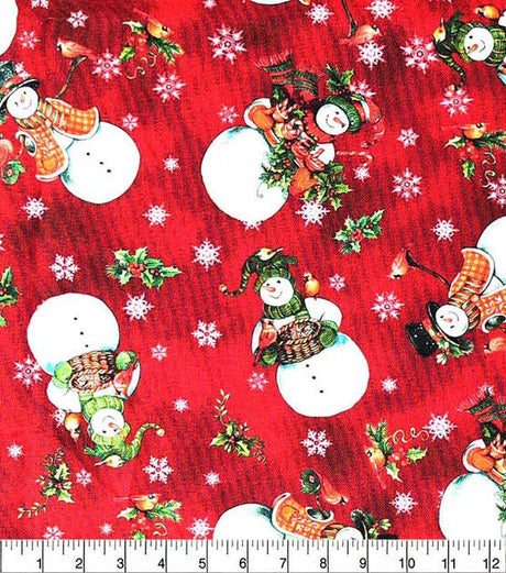 Quilting Cotton Happy Snowman Red Christmas Print