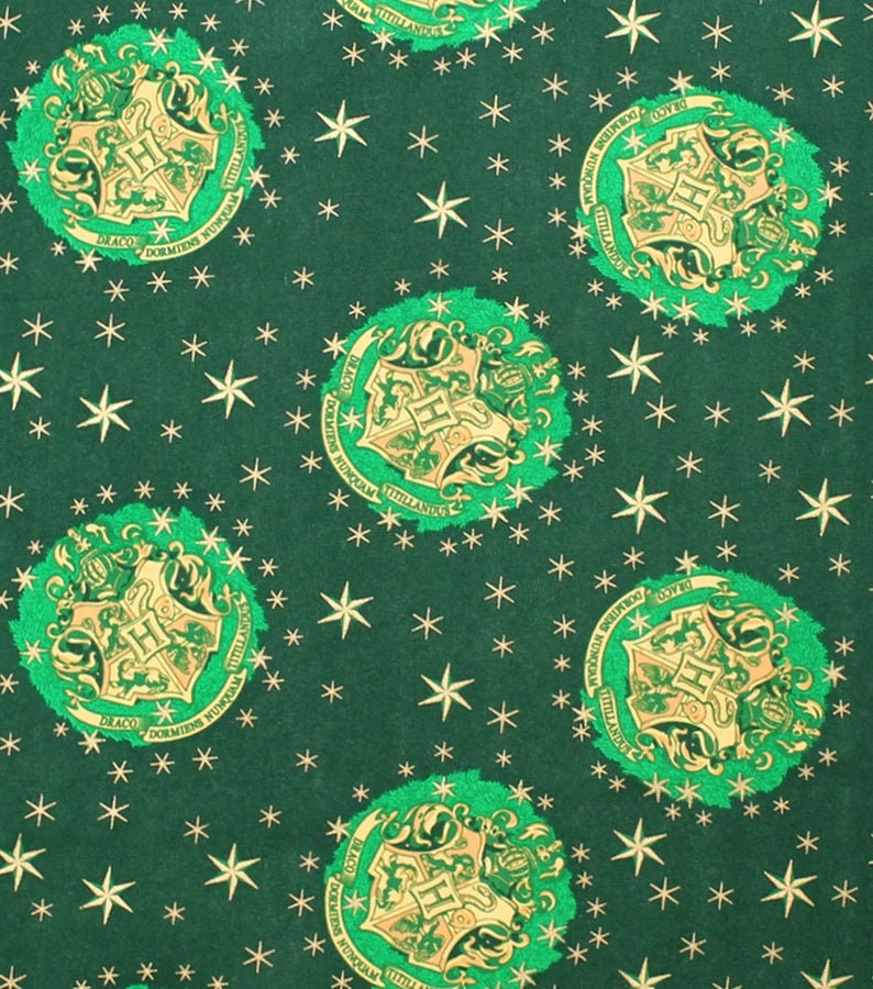 Quilting Cotton Harry Potter Metallic Crest Happy Christmas