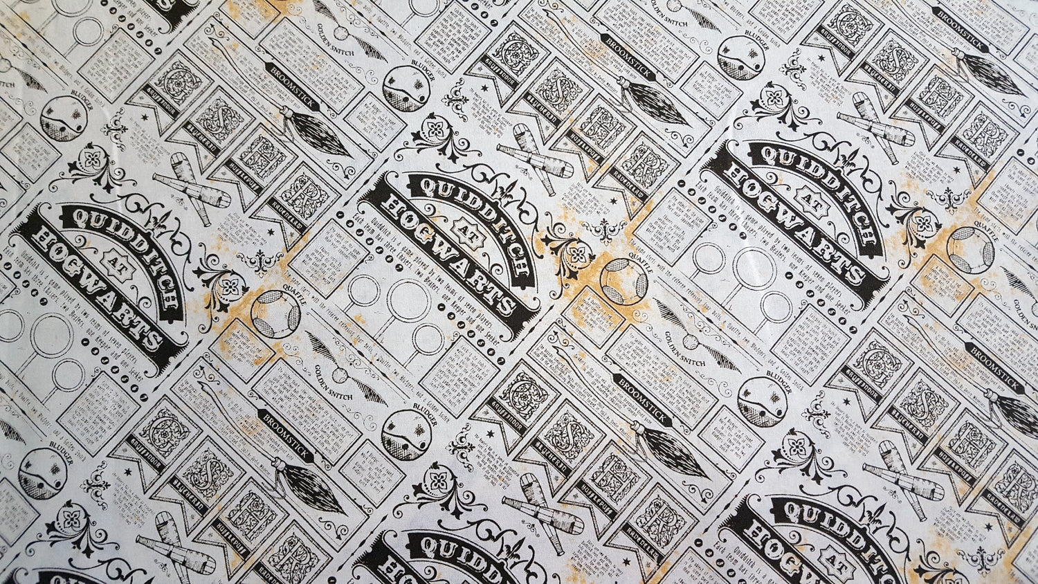 Quilting Cotton Harry Potter Quidditch at Hogwarts Newspaper Brown