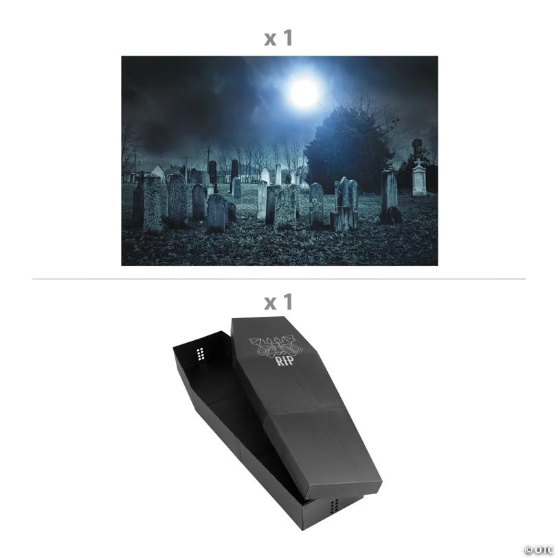 Haunted Cemetery Backdrop & Coffin Halloween Party Decorating Kit – 4 Pc.