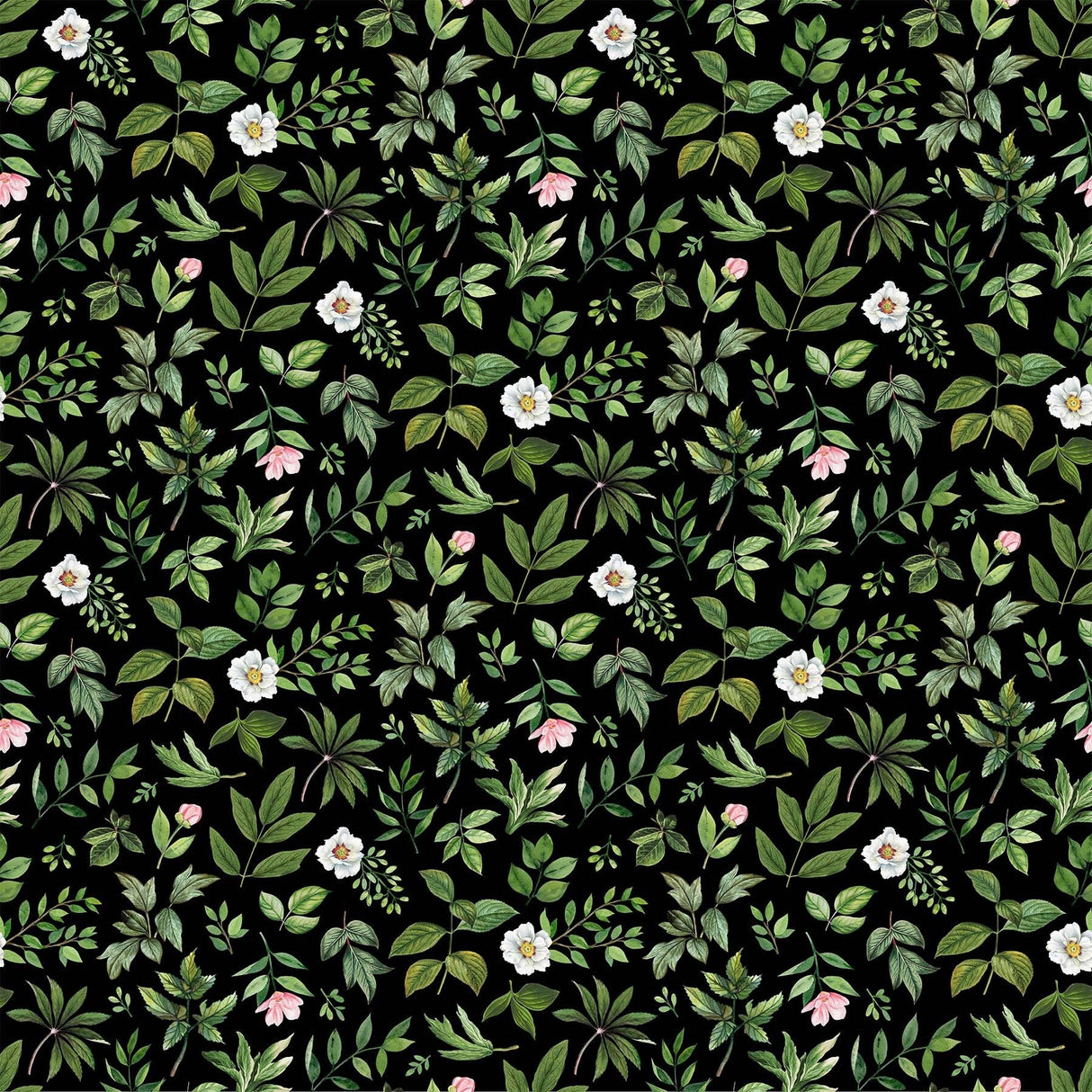 Quilting Cotton Blush Collection Leaf Toss Black Green 100% Cotton Northcott