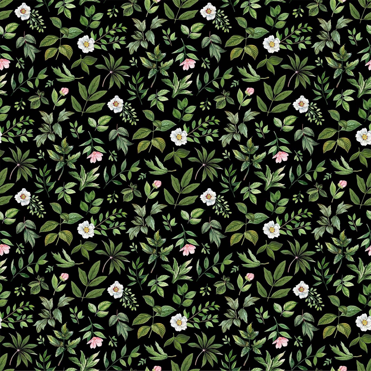 Quilting Cotton Blush Collection Leaf Toss Black Green 100% Cotton Northcott