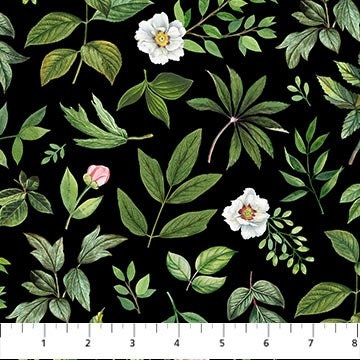Quilting Cotton Blush Collection Leaf Toss Black Green 100% Cotton Northcott