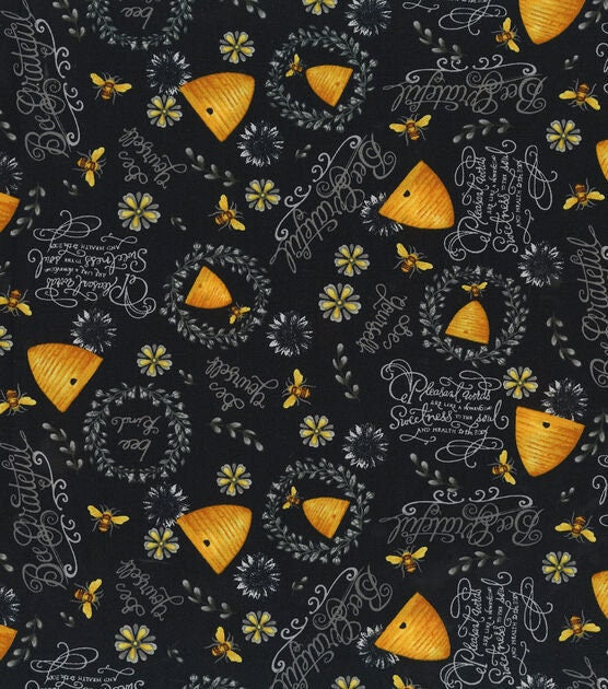 Quilting Cotton Bee Hives and Phrases on Black 100% Cotton