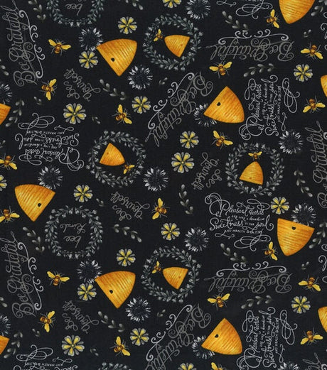 Quilting Cotton Bee Hives and Phrases on Black 100% Cotton