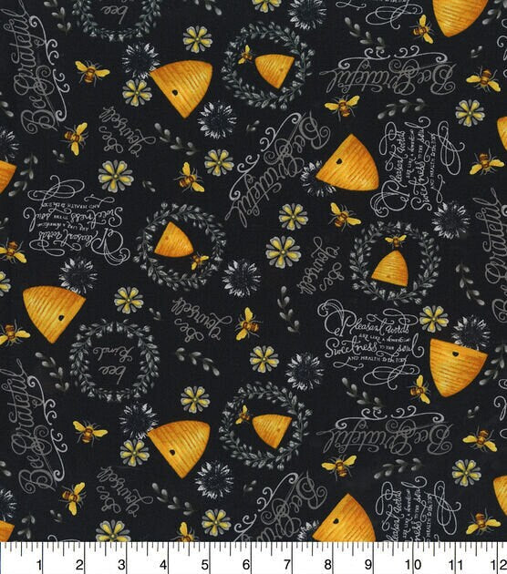 Quilting Cotton Bee Hives and Phrases on Black 100% Cotton