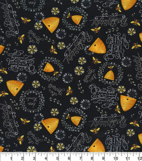 Quilting Cotton Bee Hives and Phrases on Black 100% Cotton