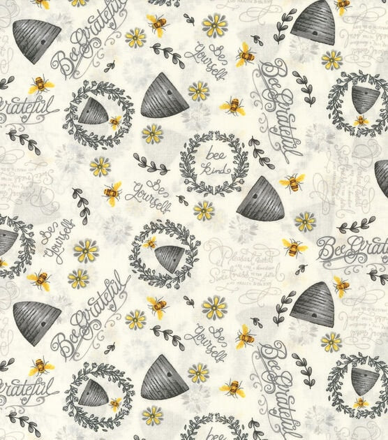 Quilting Cotton Bee Hives and Sunflowers White 100% Cotton Fabric