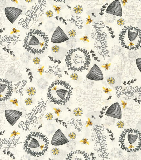 Quilting Cotton Bee Hives and Sunflowers White 100% Cotton Fabric