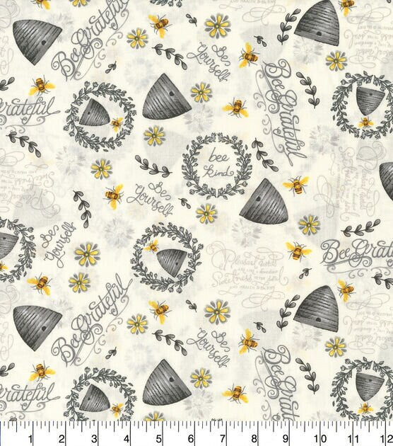 Quilting Cotton Bee Hives and Sunflowers White 100% Cotton Fabric