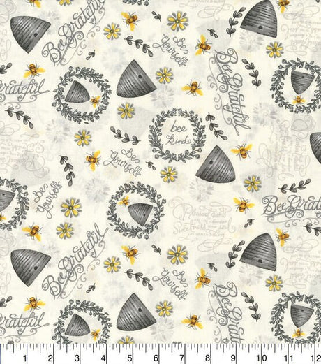 Quilting Cotton Bee Hives and Sunflowers White 100% Cotton Fabric