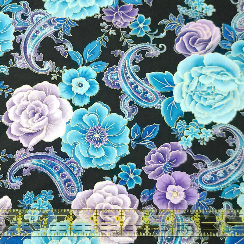 Quilting Cotton Blue Metallic Floral Paisley 100% Cotton by the Yard