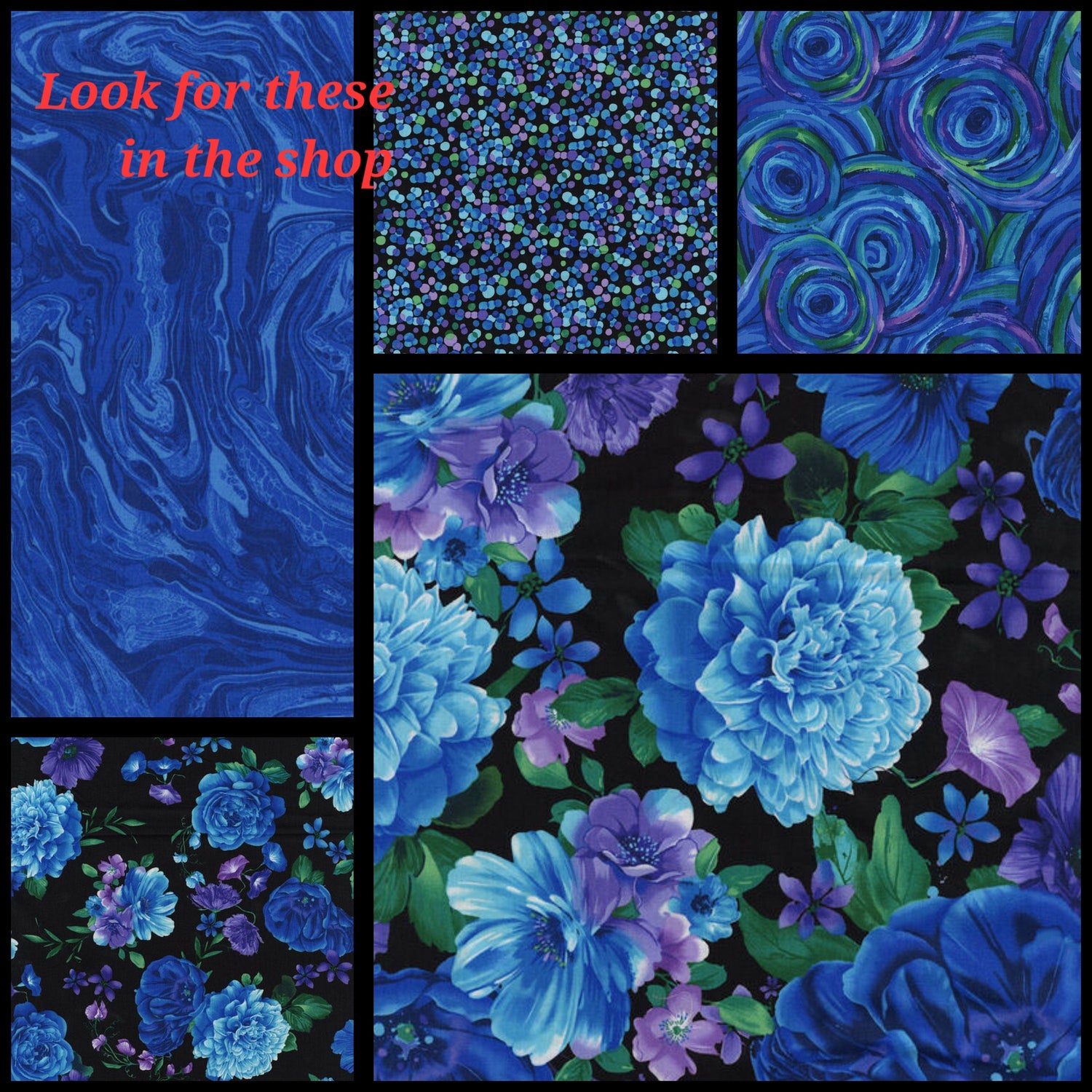 Quilting Cotton Hi Fashion Floral On Black Tossed Blue Purple