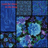 Quilting Cotton Hi Fashion Floral On Black Tossed Blue Purple