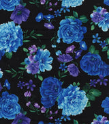 Quilting Cotton Hi Fashion Floral On Black Tossed Blue Purple