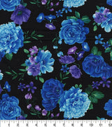 Quilting Cotton Hi Fashion Floral On Black Tossed Blue Purple