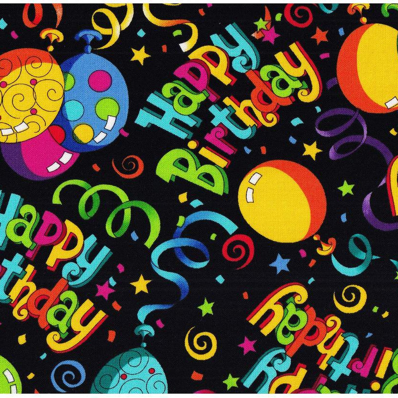 Quilting Cotton Black Birthday Print 100% Cotton