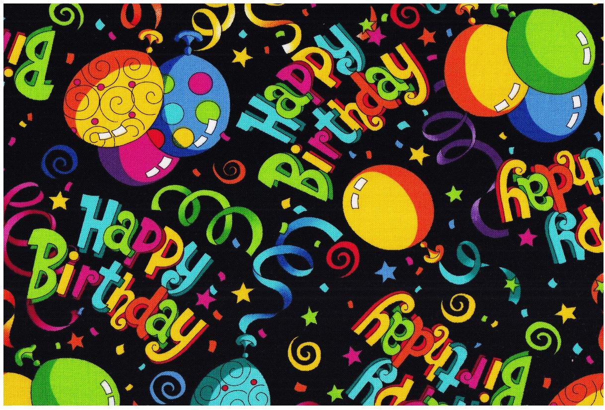 Quilting Cotton Black Birthday Print 100% Cotton