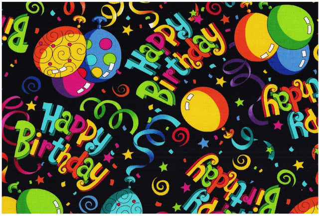 Quilting Cotton Black Birthday Print 100% Cotton