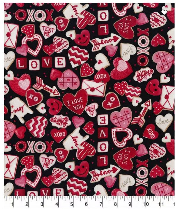 Quilting Cotton Love Frosted Cookies on Black Valentine Print