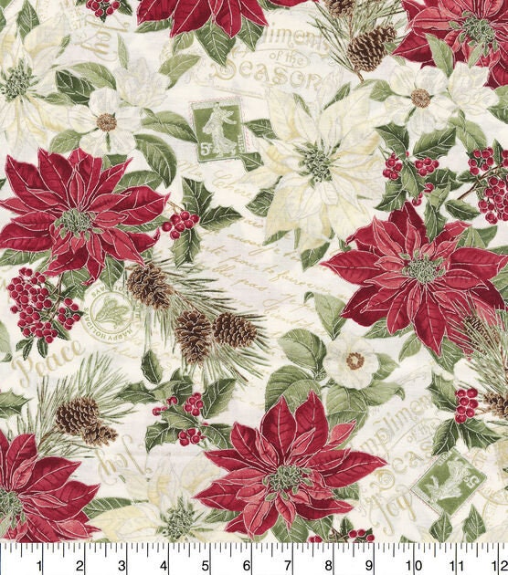 Quilting Cotton Hi Fashion Merry Poinsettia White Metallic Christmas Timeless Treasures