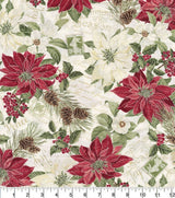 Quilting Cotton Hi Fashion Merry Poinsettia White Metallic Christmas Timeless Treasures