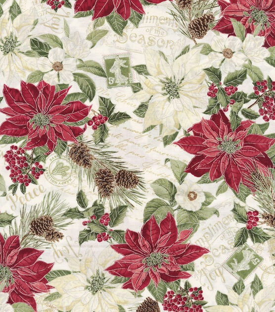 Quilting Cotton Hi Fashion Merry Poinsettia White Metallic Christmas Timeless Treasures