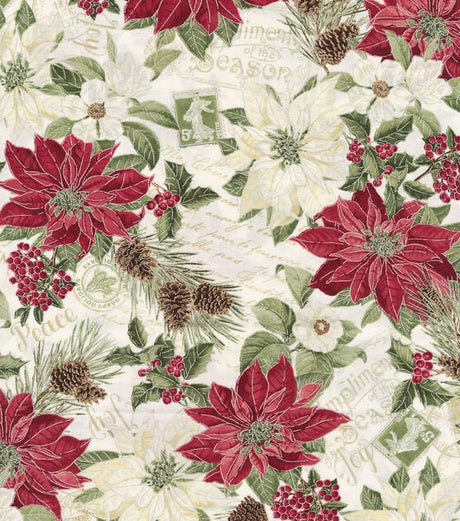 Quilting Cotton Hi Fashion Merry Poinsettia White Metallic Christmas Timeless Treasures