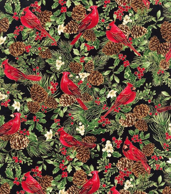 Quilting Cotton Metallic Cardinals on Black Christmas Fabric 100% Cotton