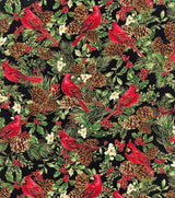 Quilting Cotton Metallic Cardinals on Black Christmas Fabric 100% Cotton