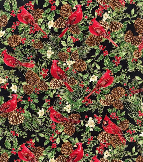 Quilting Cotton Metallic Cardinals on Black Christmas Fabric 100% Cotton